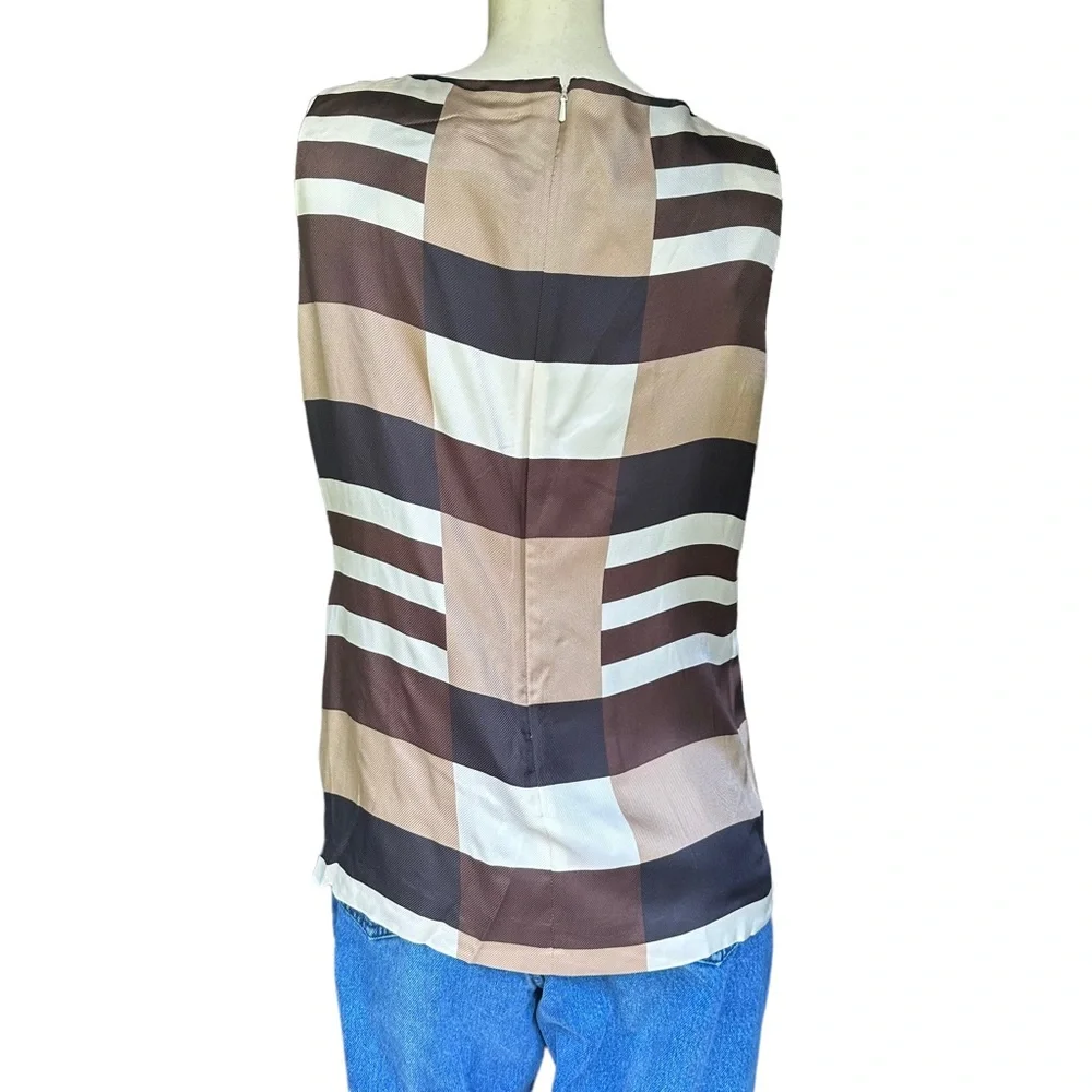 Tory Burch High Neck Neutral Striped Checkered Pleated 100% Silk Modest Size 6